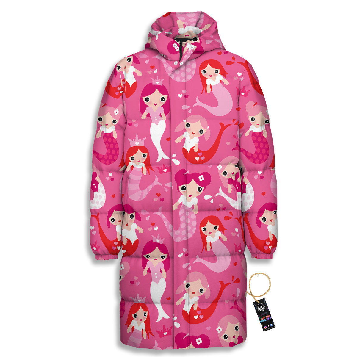 Girly Mermaid Pink Print Pattern Long Down Jacket-grizzshop