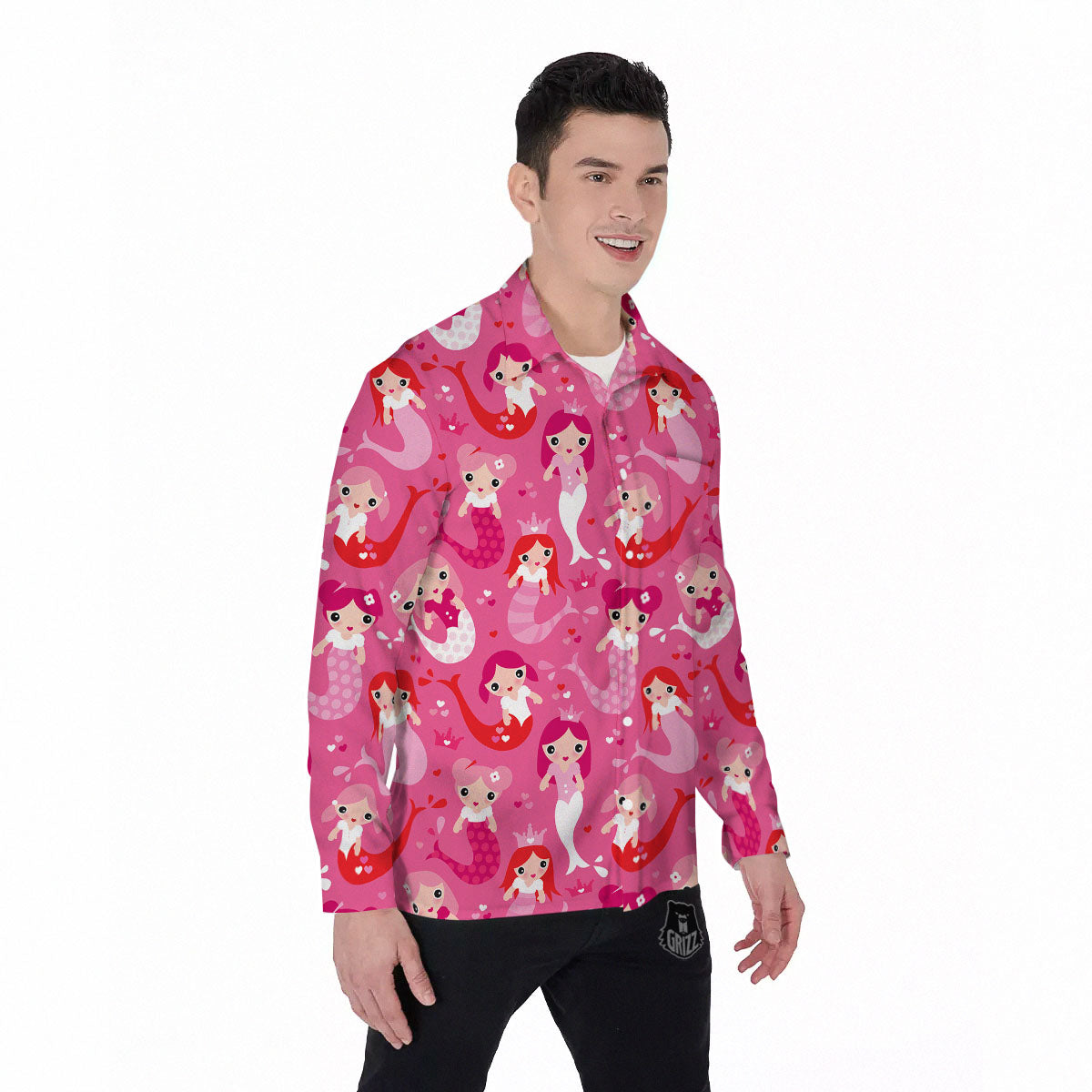 Girly Mermaid Pink Print Pattern Men's Long Sleeve Shirts-grizzshop