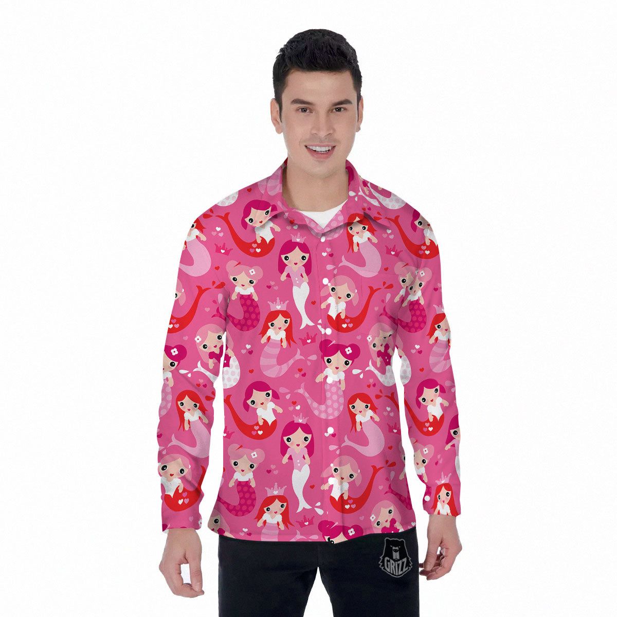 Girly Mermaid Pink Print Pattern Men's Long Sleeve Shirts-grizzshop