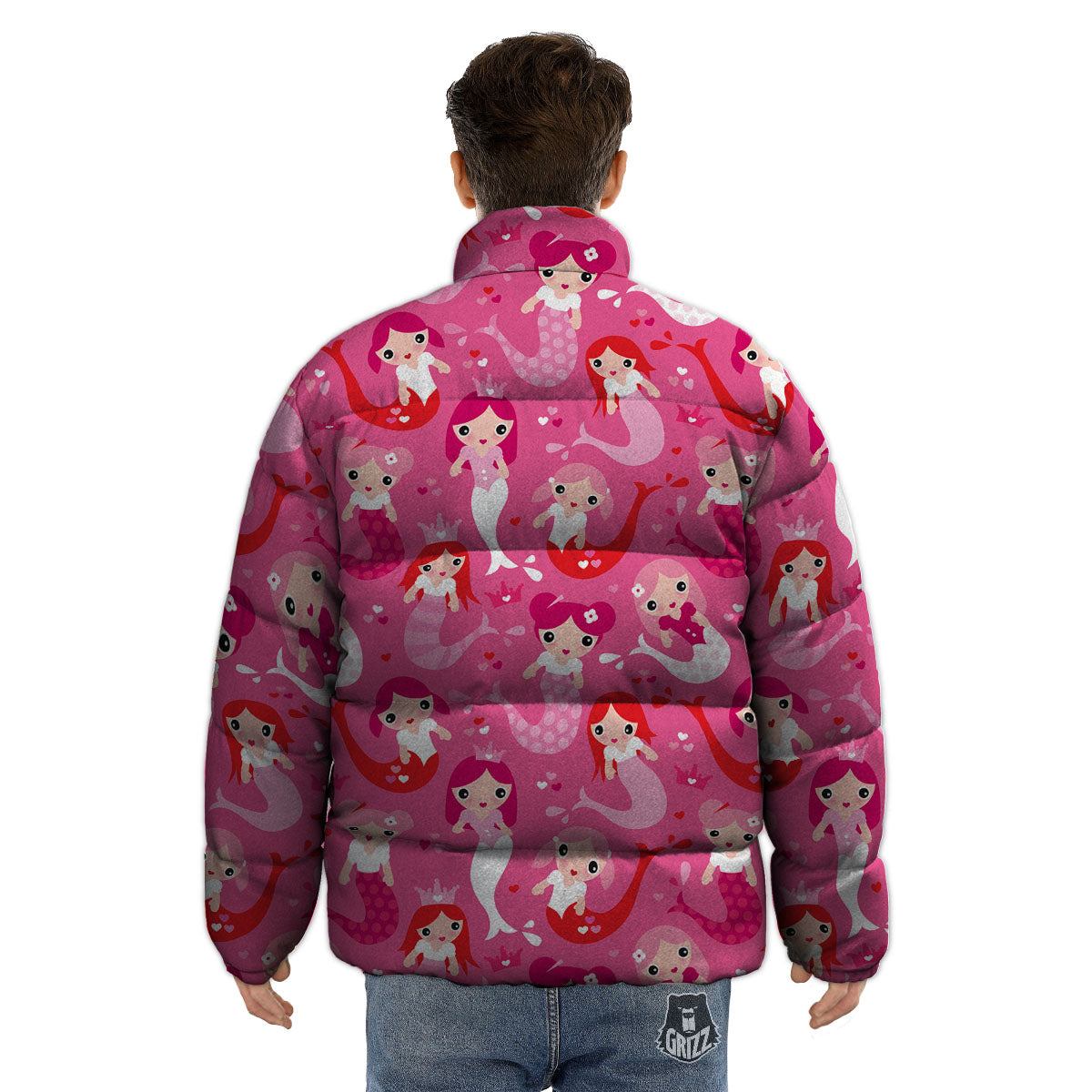 Girly Mermaid Pink Print Pattern Puffer Jacket-grizzshop