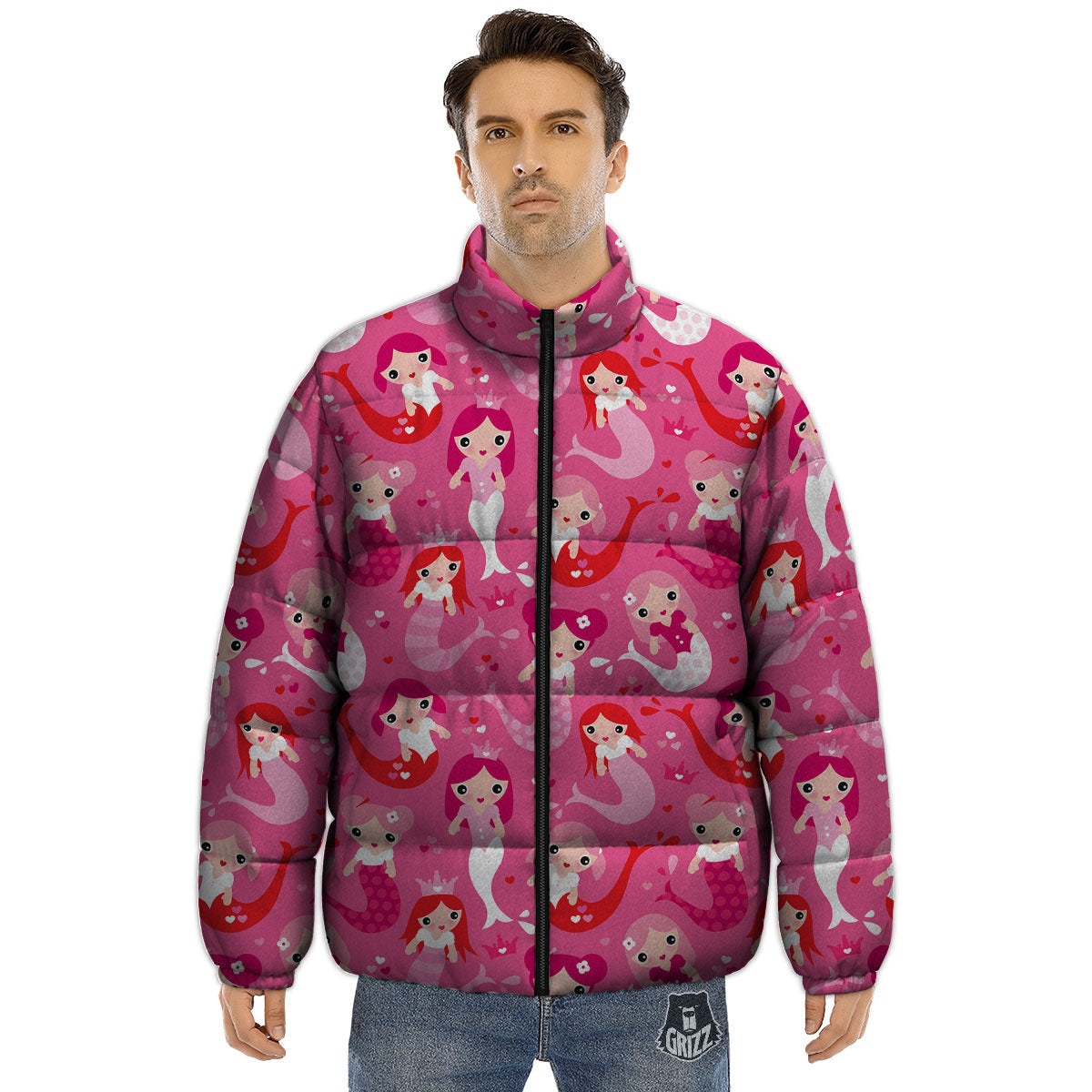 Girly Mermaid Pink Print Pattern Puffer Jacket-grizzshop