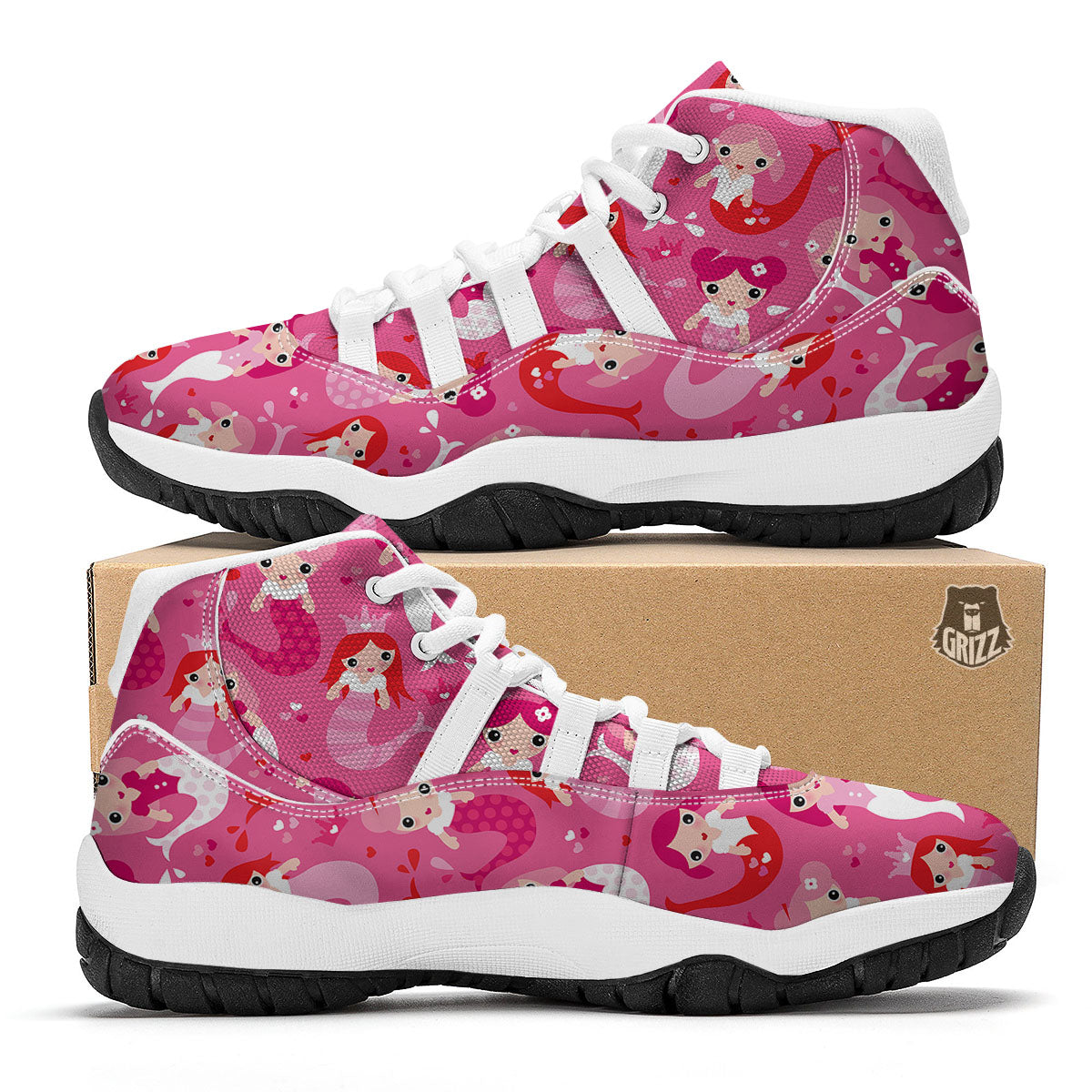 Girly Mermaid Pink Print Pattern White Bball Shoes-grizzshop