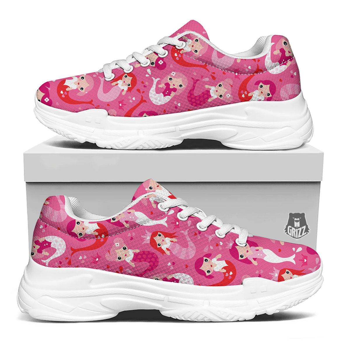 Girly Mermaid Pink Print Pattern White Chunky Shoes-grizzshop