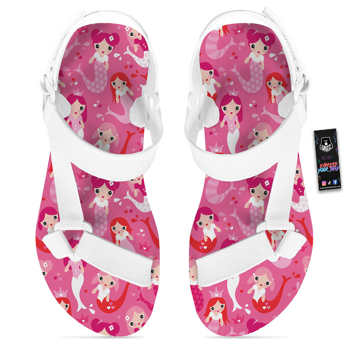 Girly Mermaid Pink Print Pattern White Open Toe Sandals-grizzshop