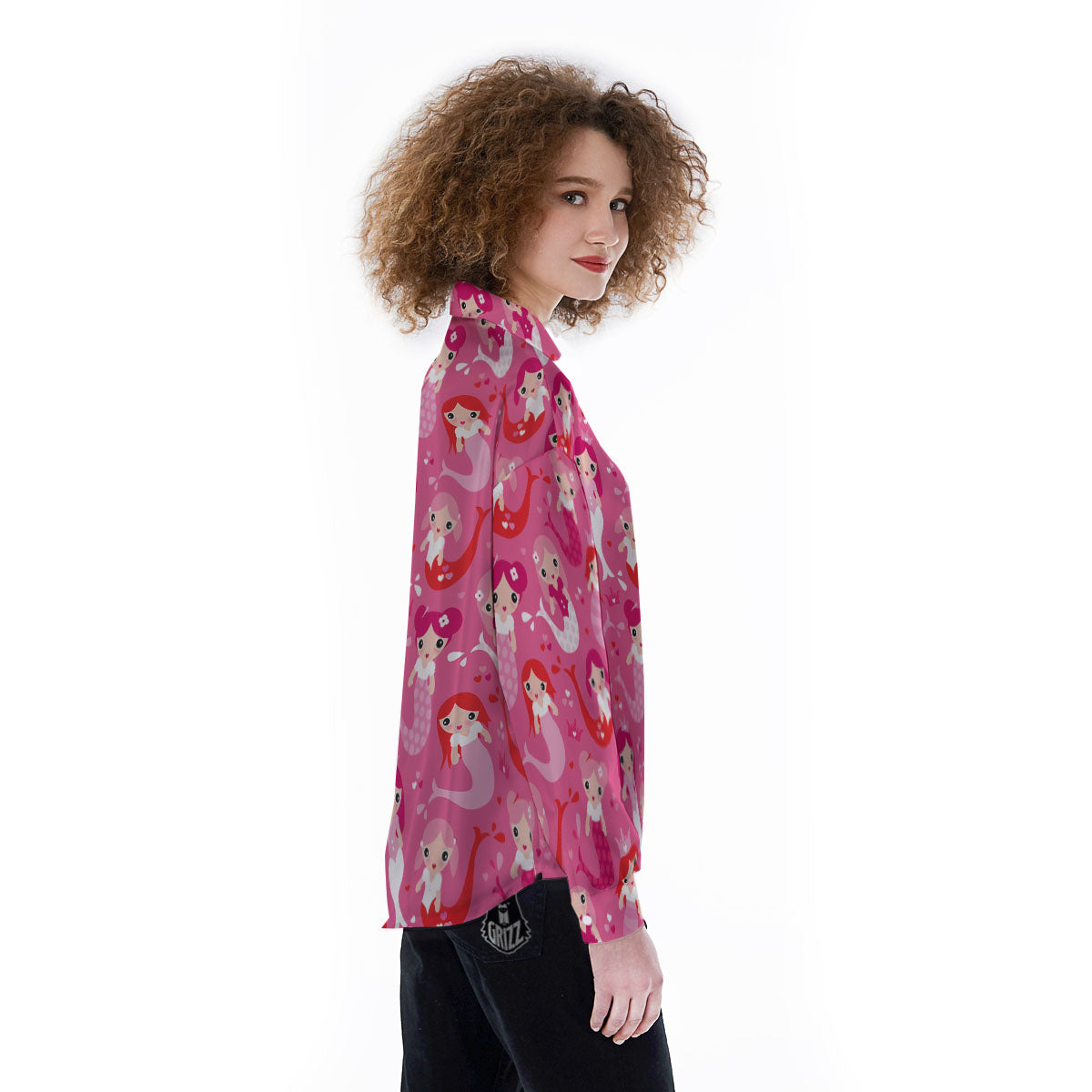 Girly Mermaid Pink Print Pattern Women's Long Sleeve Shirts-grizzshop