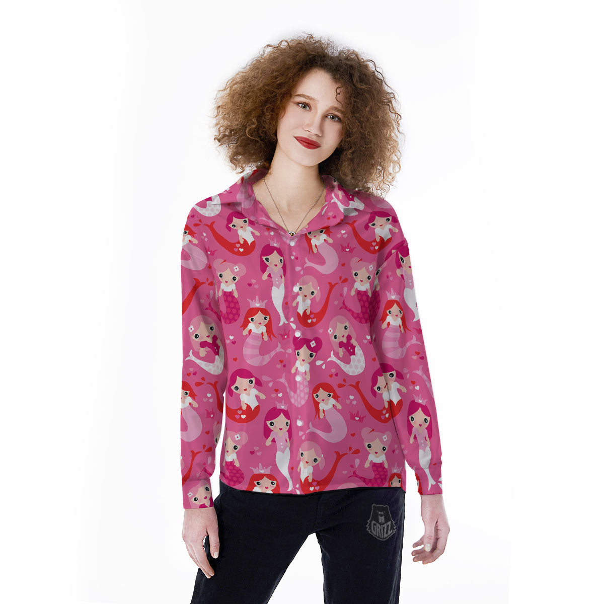 Girly Mermaid Pink Print Pattern Women's Long Sleeve Shirts-grizzshop