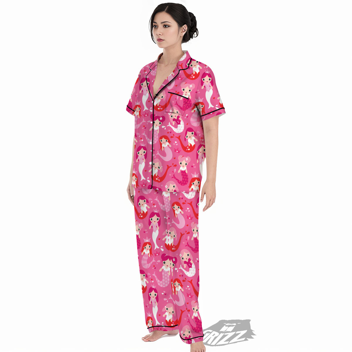 Girly Mermaid Pink Print Pattern Women's Pajamas Set-grizzshop
