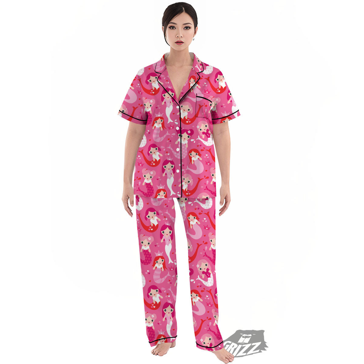Girly Mermaid Pink Print Pattern Women's Pajamas Set-grizzshop