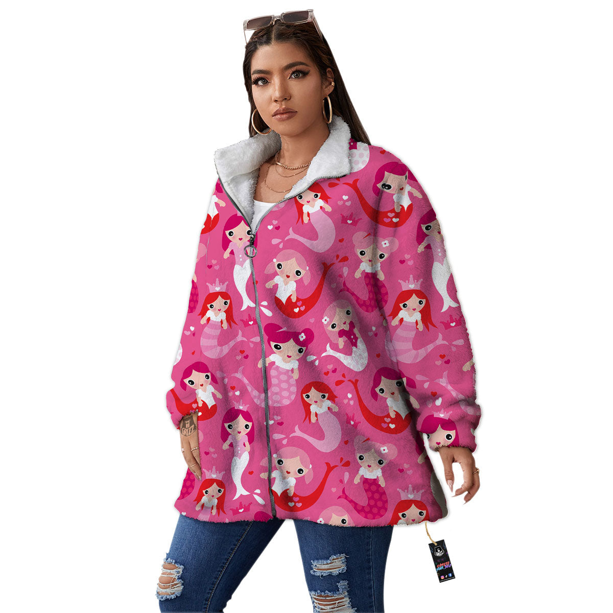 Girly Mermaid Pink Print Pattern Women's Sherpa Jacket-grizzshop