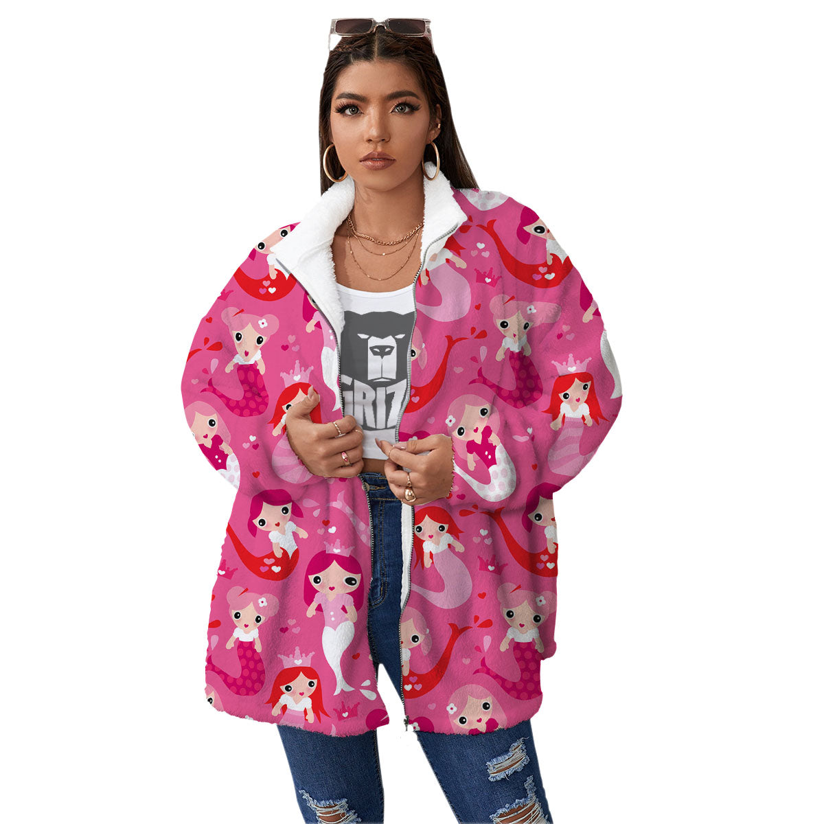 Girly Mermaid Pink Print Pattern Women's Sherpa Jacket-grizzshop