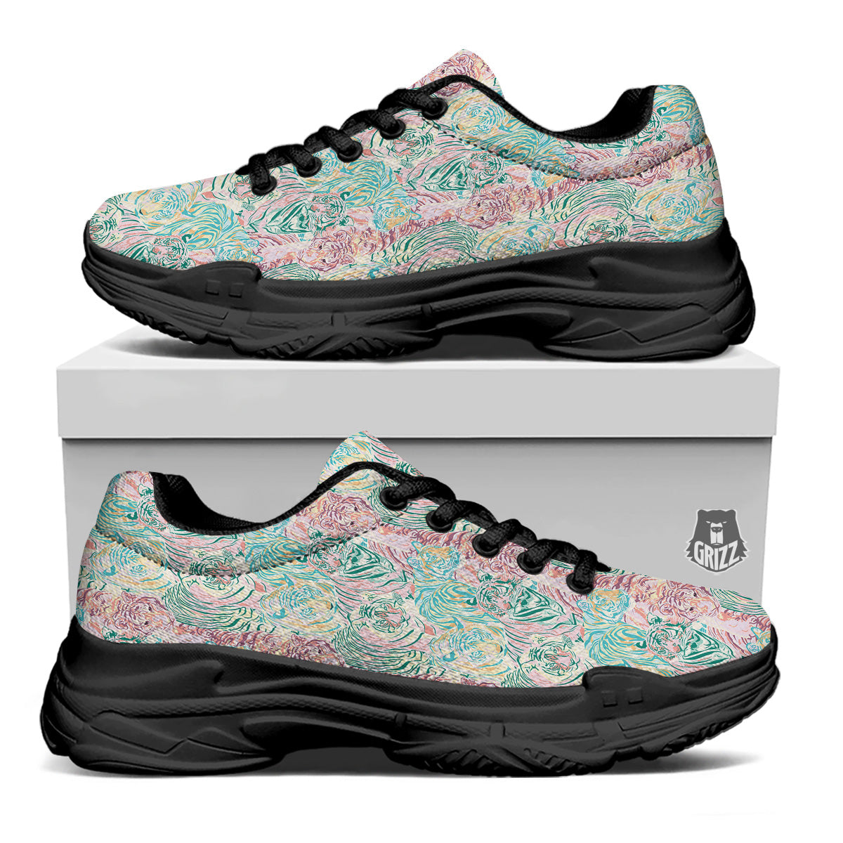 Girly Tigers Pastel Print Pattern Black Chunky Shoes-grizzshop