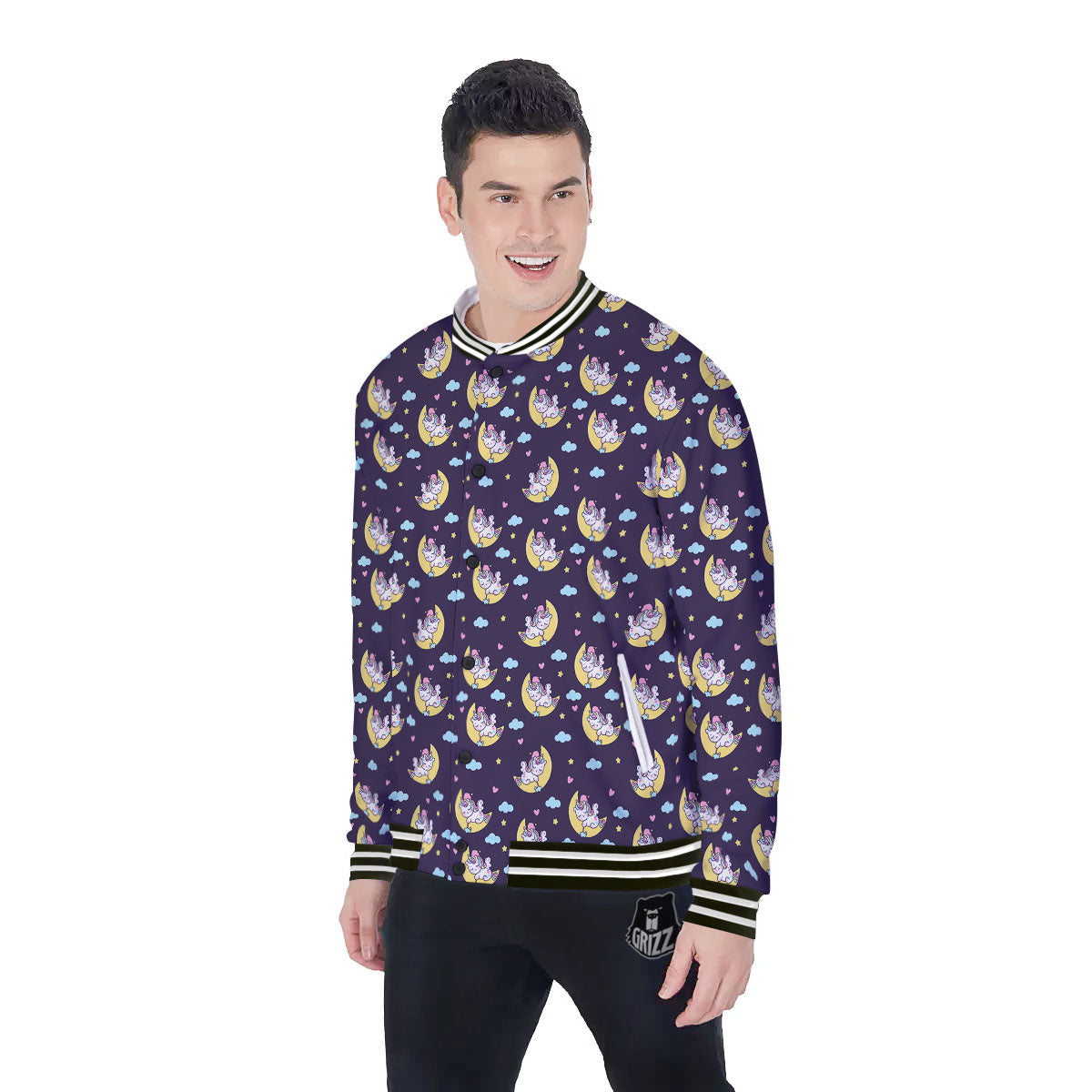 Girly Unicorn Night Print Pattern Baseball Jacket-grizzshop