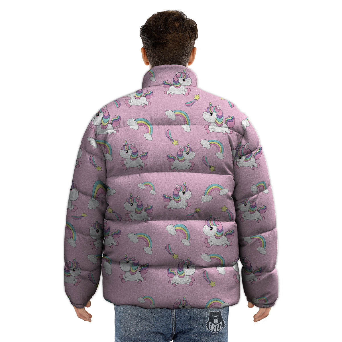 Girly Unicorn Pink Print Pattern Puffer Jacket-grizzshop