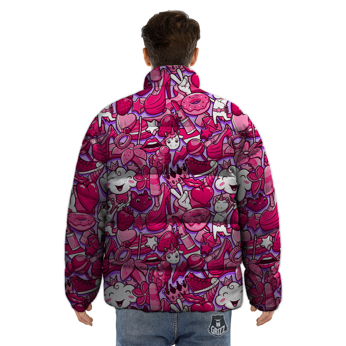 Girly Unicorn Purple Print Pattern Puffer Jacket-grizzshop