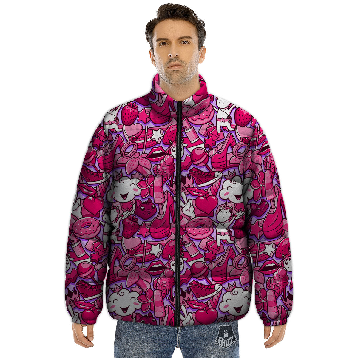 Girly Unicorn Purple Print Pattern Puffer Jacket-grizzshop