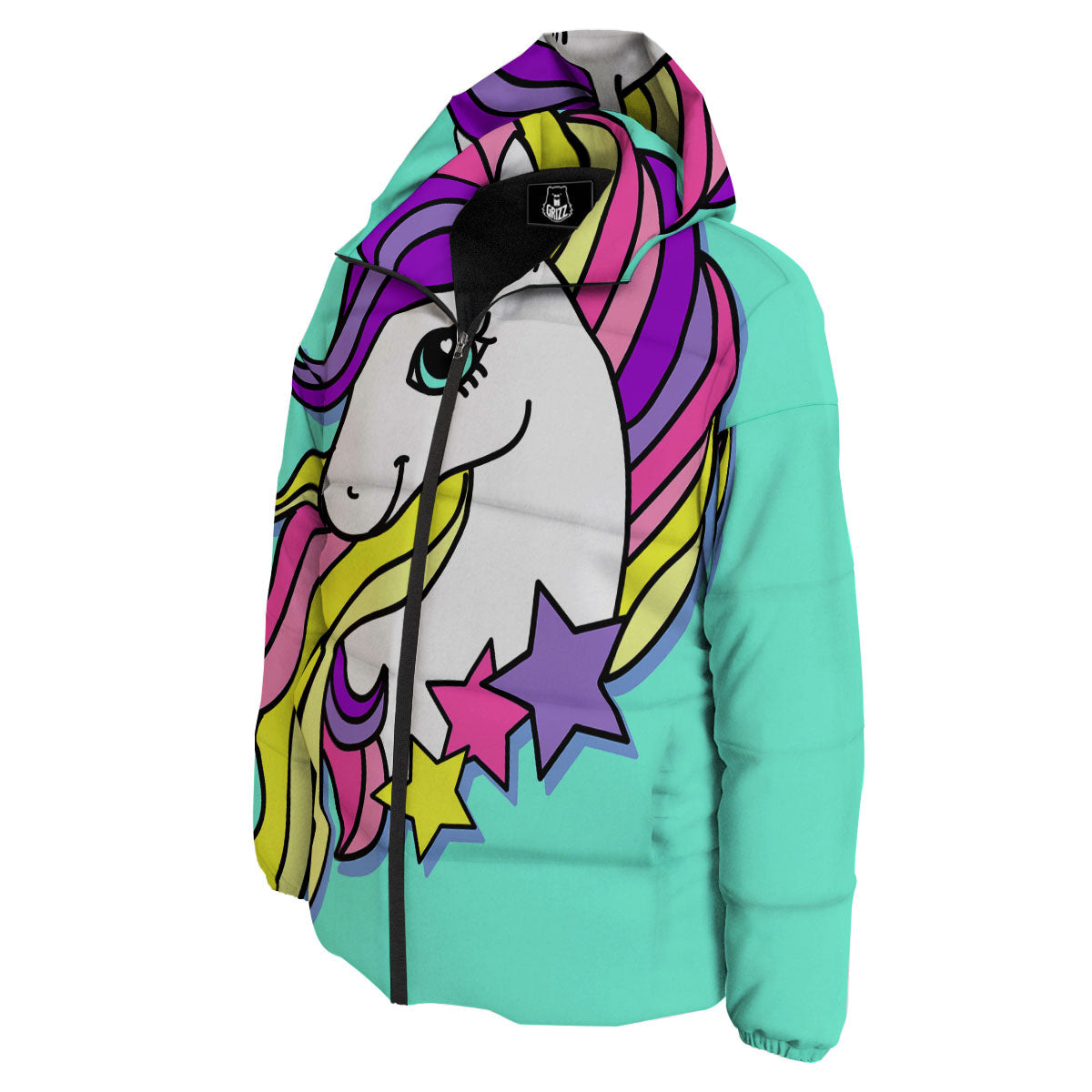 Girly Unicorn Teal Print Down Jacket-grizzshop