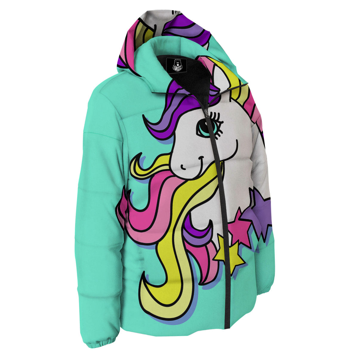 Girly Unicorn Teal Print Down Jacket-grizzshop
