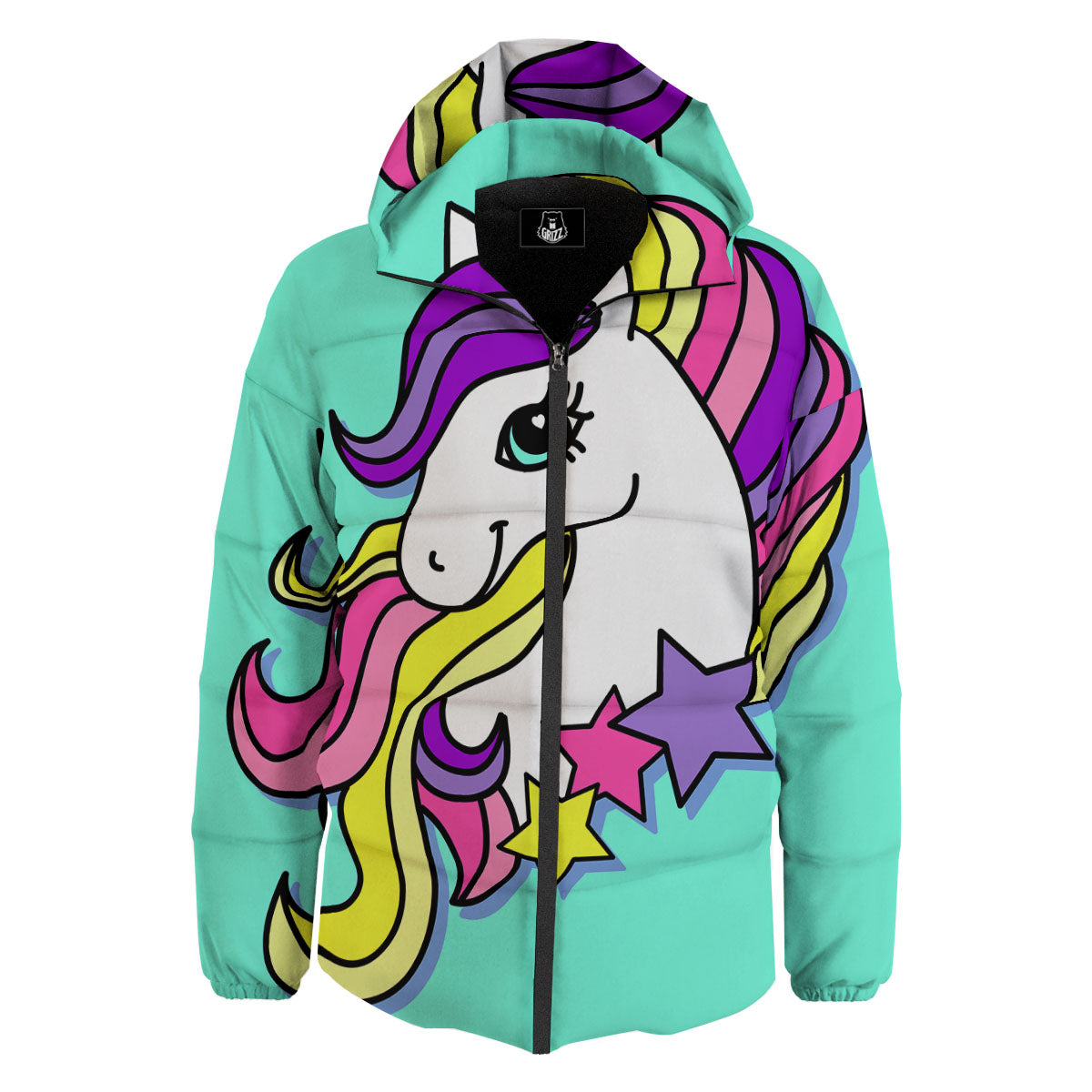 Girly Unicorn Teal Print Down Jacket-grizzshop