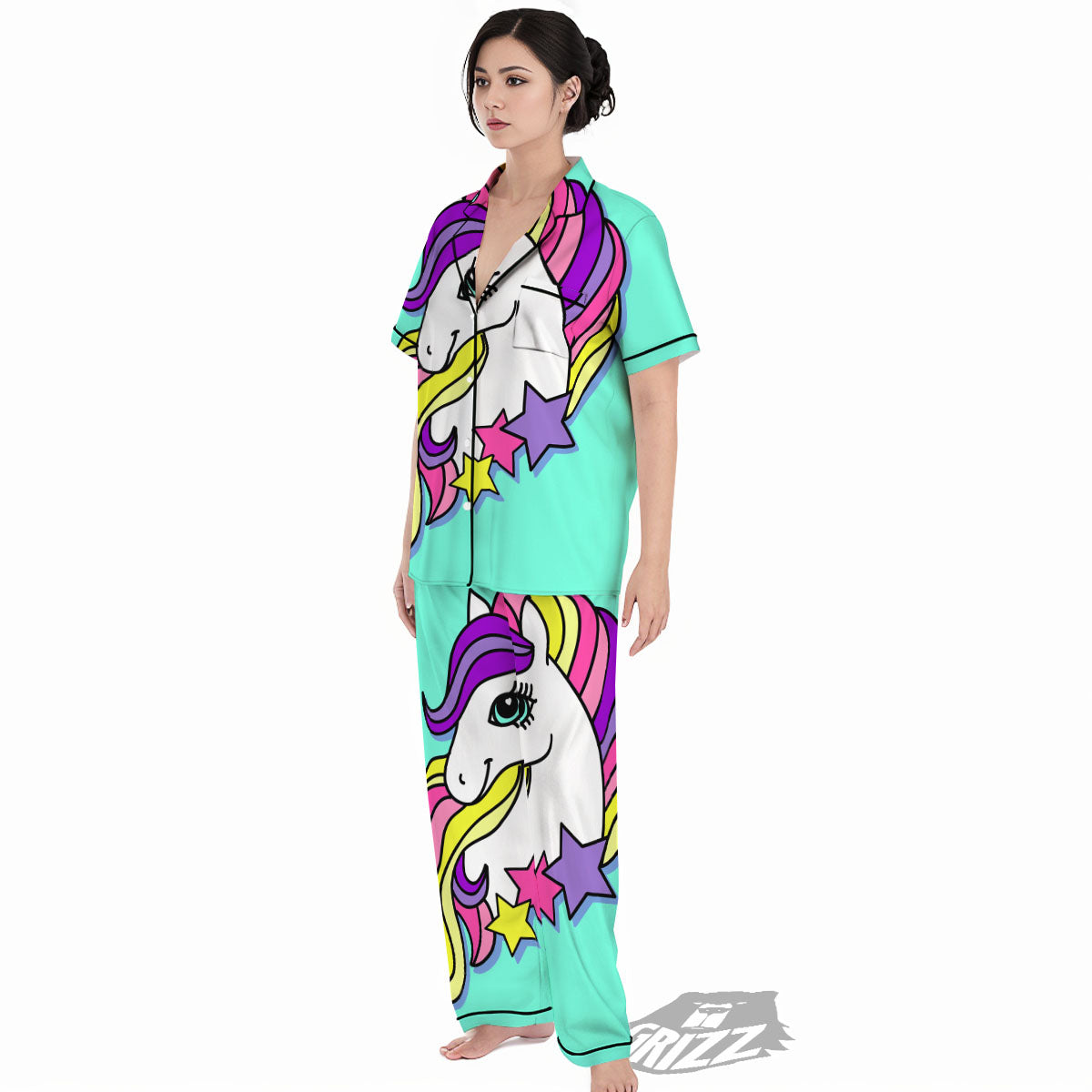 Girly Unicorn Teal Print Women's Pajamas Set-grizzshop