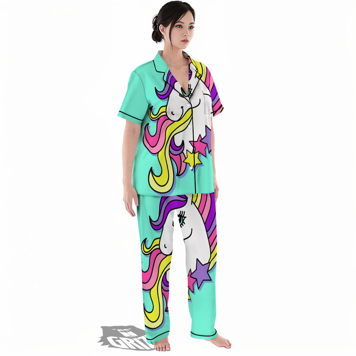 Girly Unicorn Teal Print Women's Pajamas Set-grizzshop