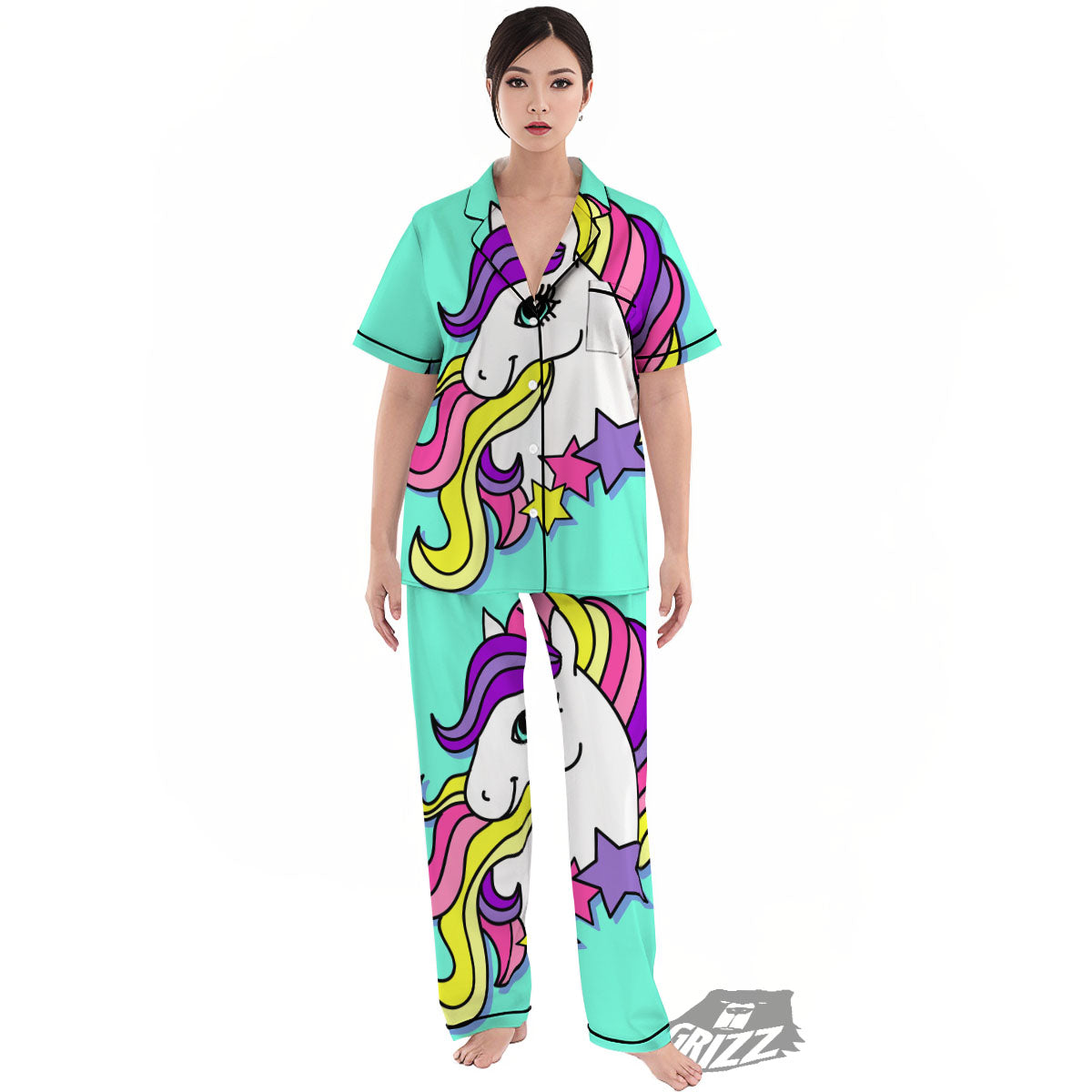 Girly Unicorn Teal Print Women's Pajamas Set-grizzshop