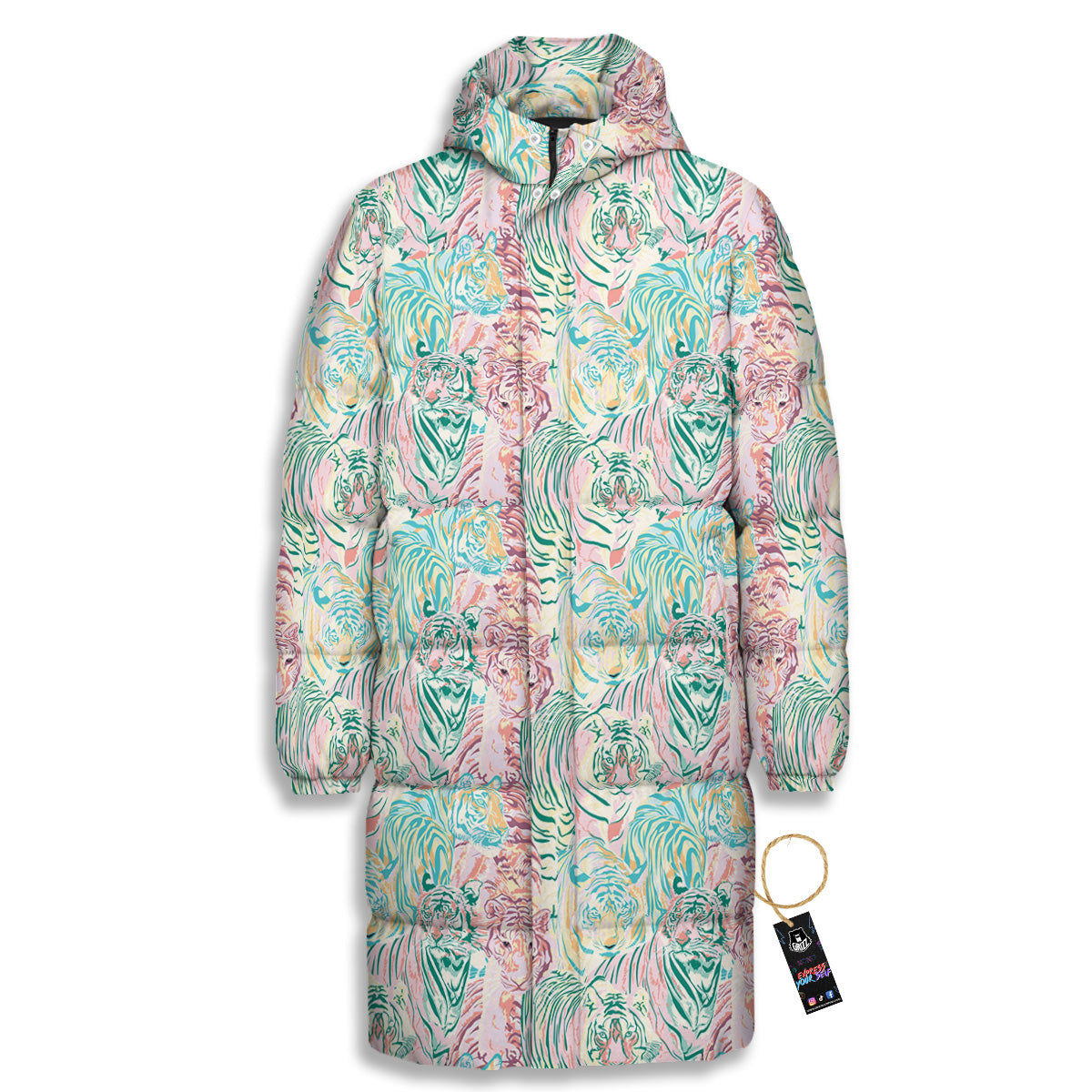 Girly Tigers Pastel Print Pattern Long Down Jacket