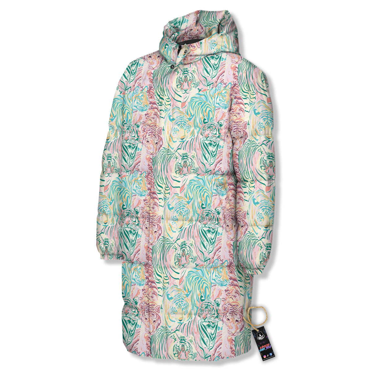 Girly Tigers Pastel Print Pattern Long Down Jacket