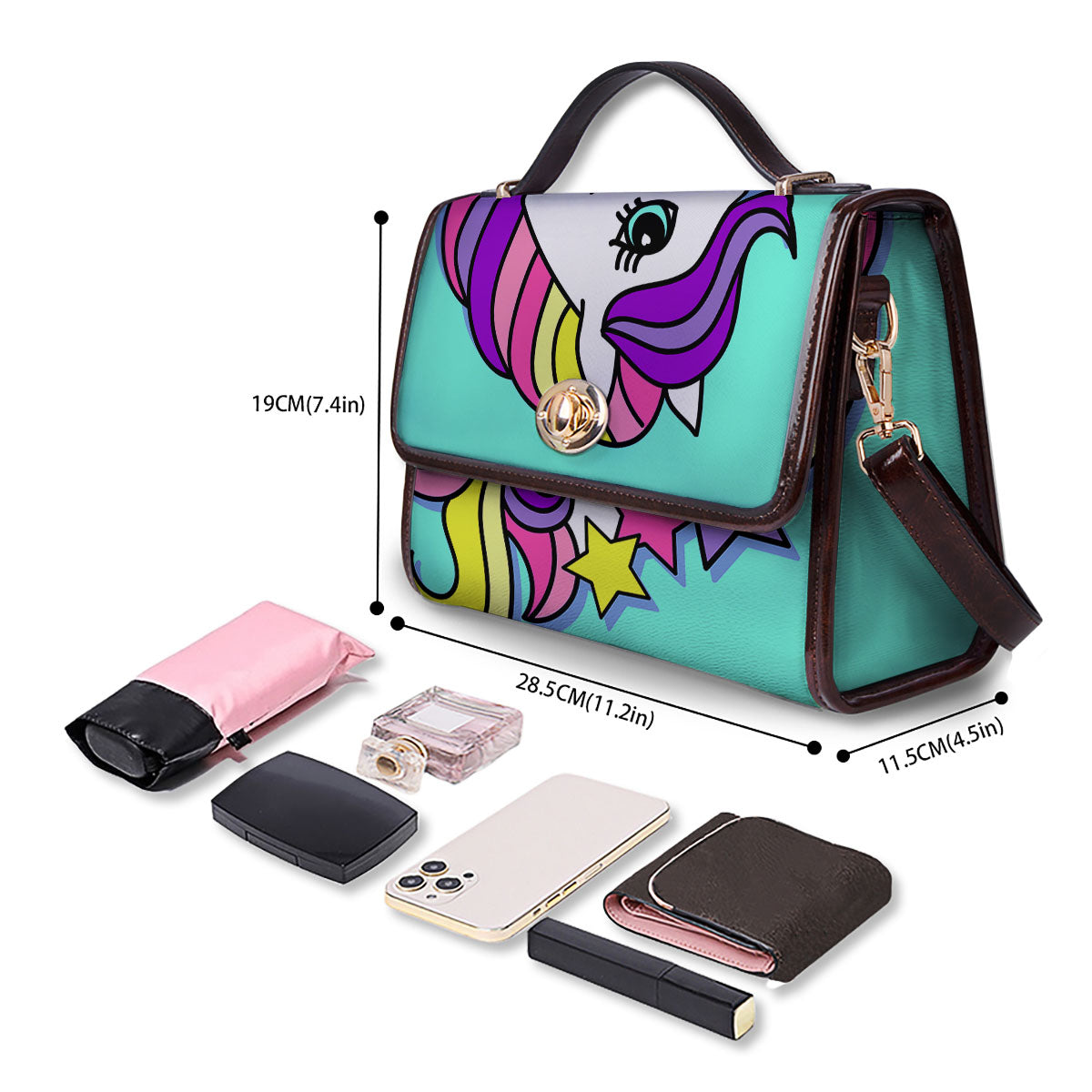 Girly Unicorn Teal Print Women's Satchel Bag