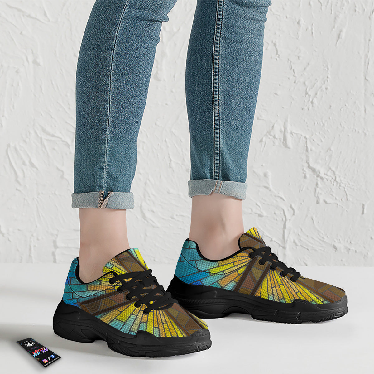 Glass Cross Blue Stained Print Black Chunky Shoes-grizzshop