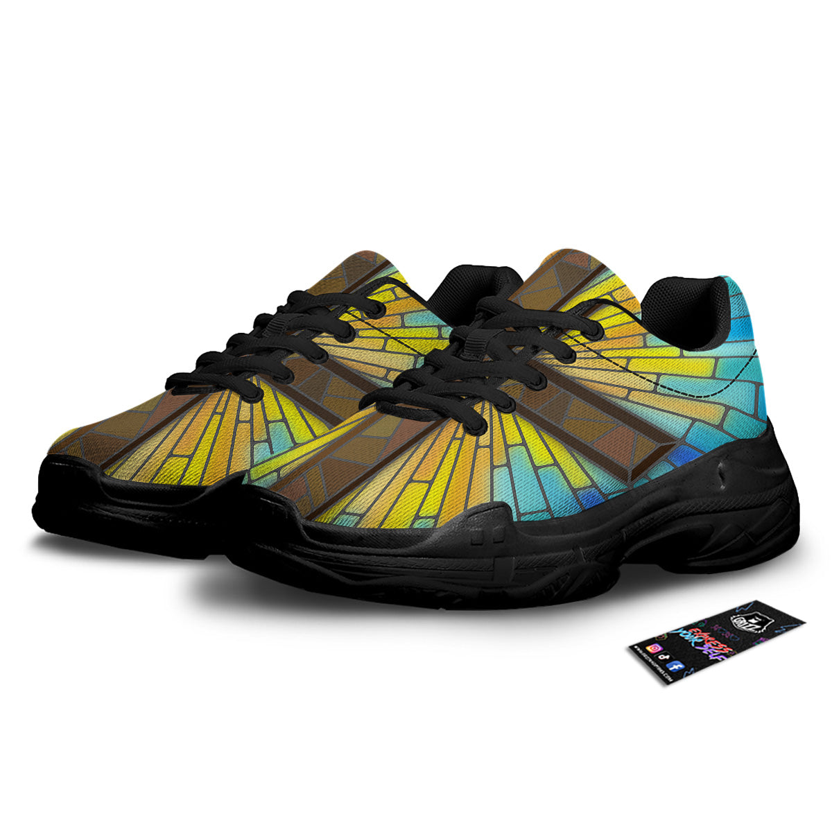 Glass Cross Blue Stained Print Black Chunky Shoes-grizzshop