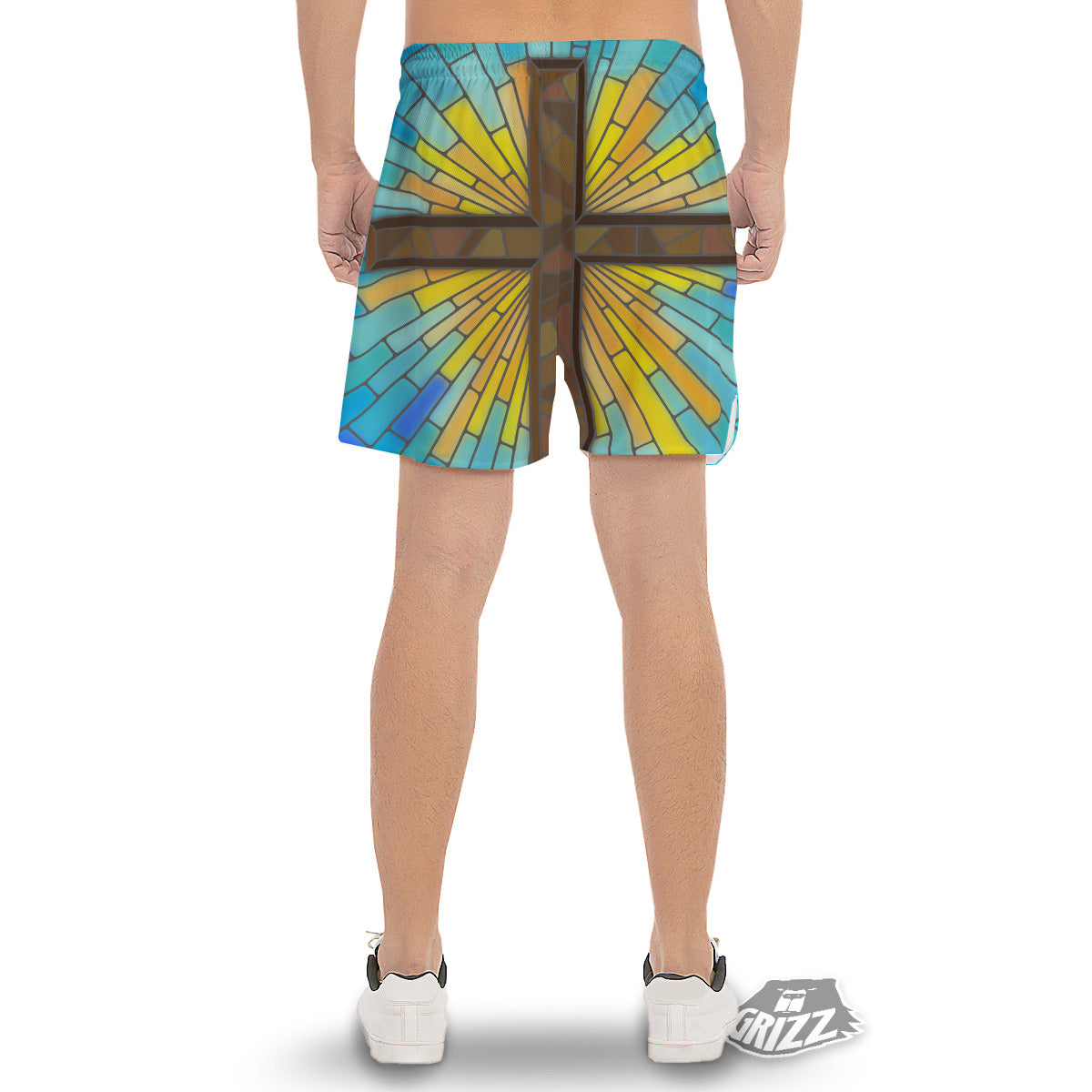 Glass Cross Blue Stained Print Men's Gym Shorts-grizzshop
