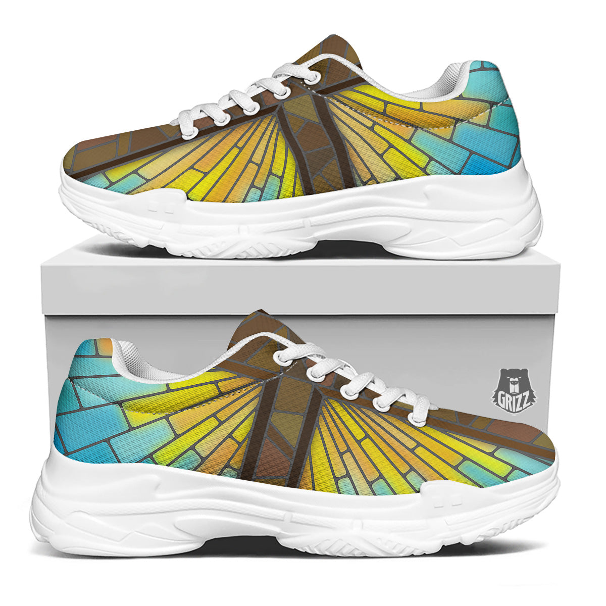 Glass Cross Blue Stained Print White Chunky Shoes-grizzshop