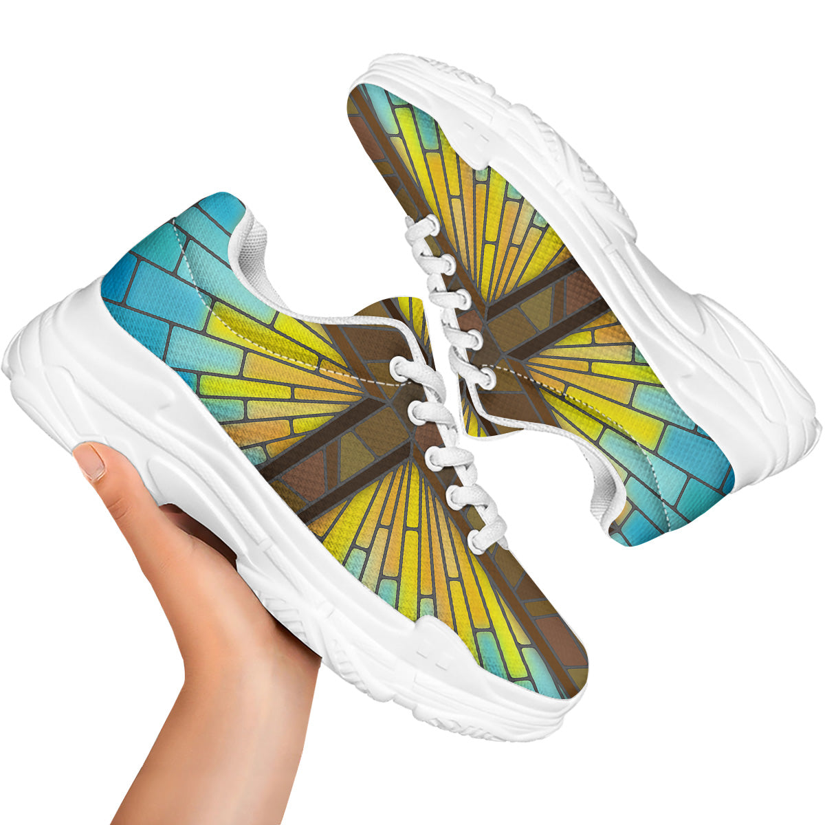 Glass Cross Blue Stained Print White Chunky Shoes-grizzshop