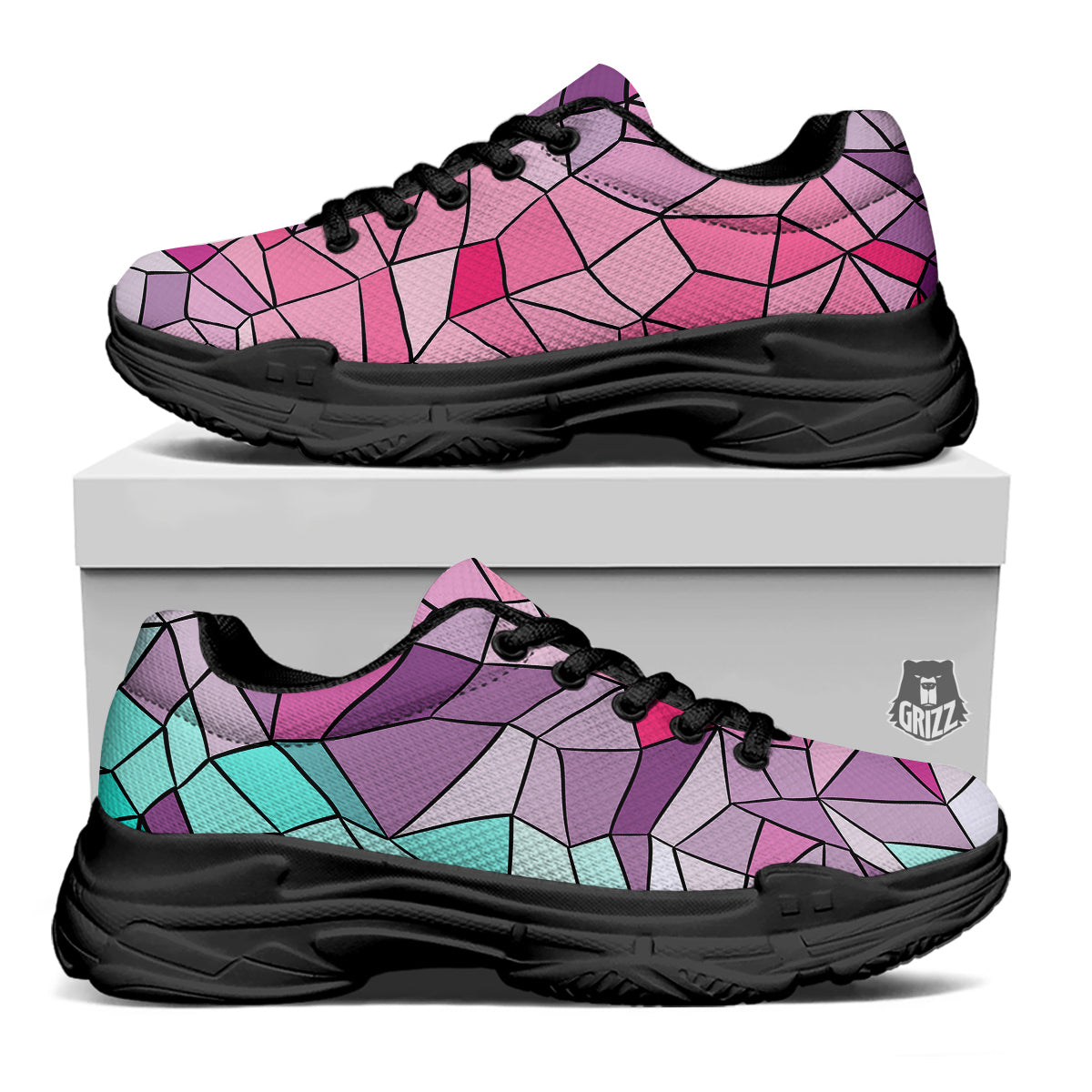 Glass Mosaic Colorful Stained Print Black Chunky Shoes-grizzshop