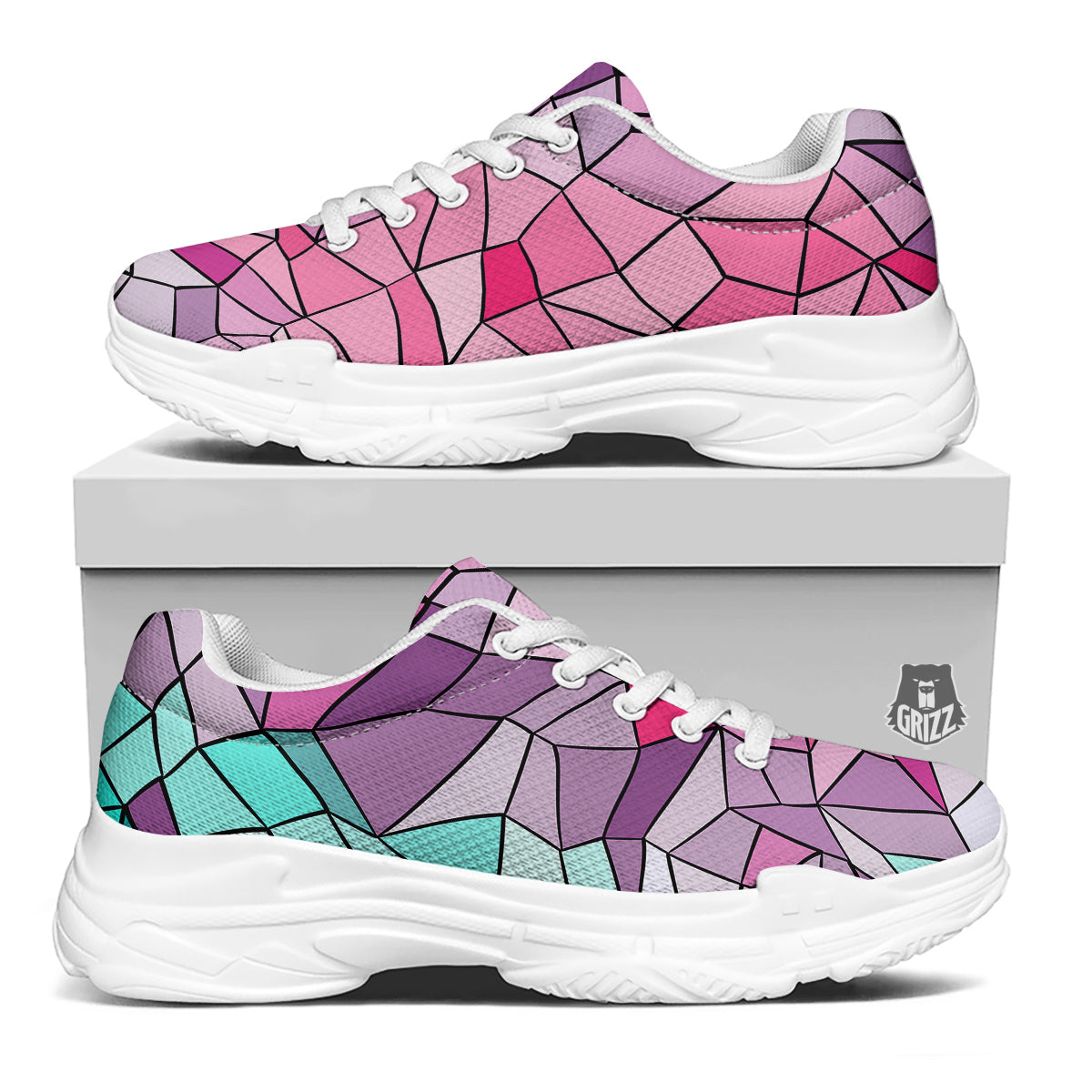 Glass Mosaic Colorful Stained Print White Chunky Shoes-grizzshop