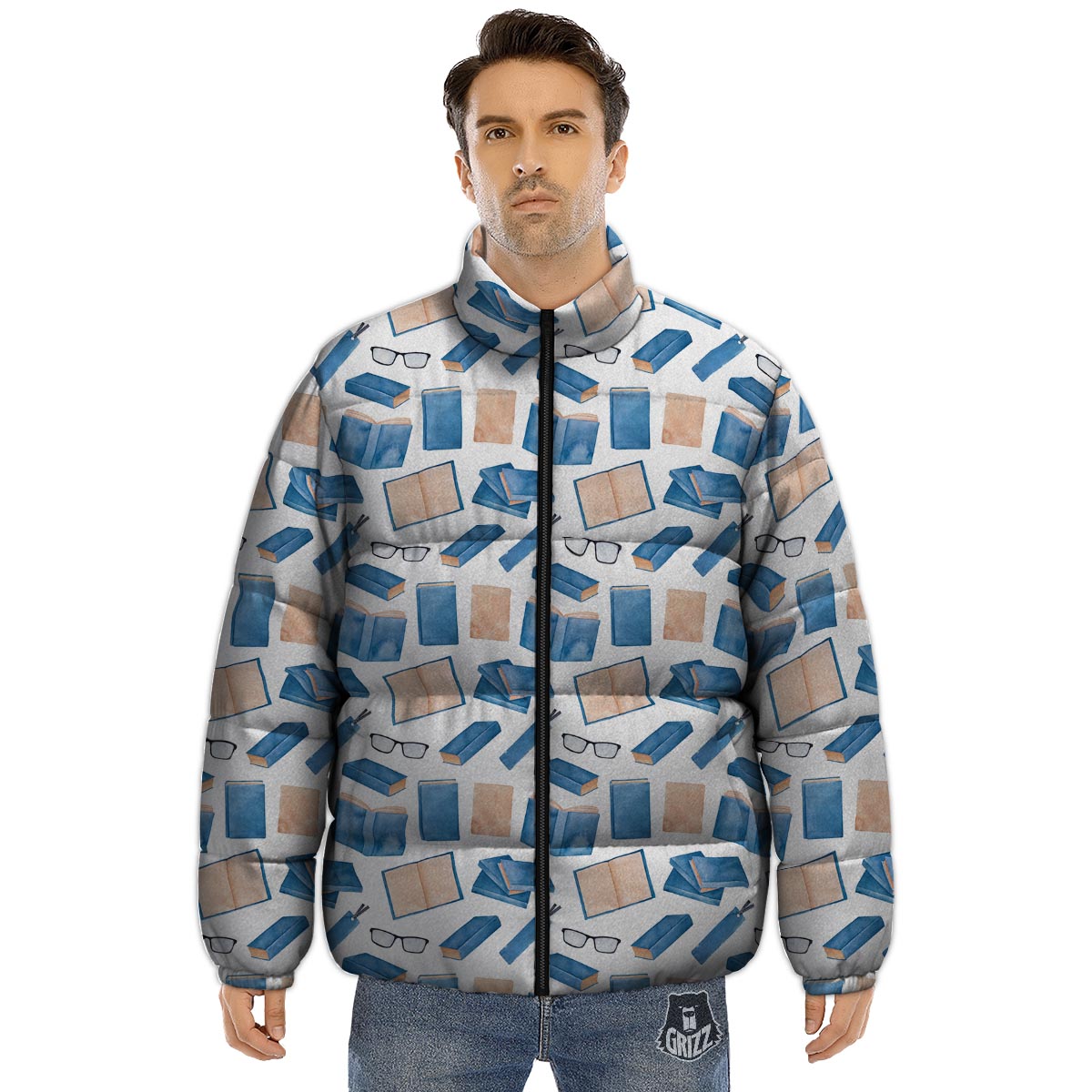 Glasses And Reading Books Print Pattern Puffer Jacket-grizzshop