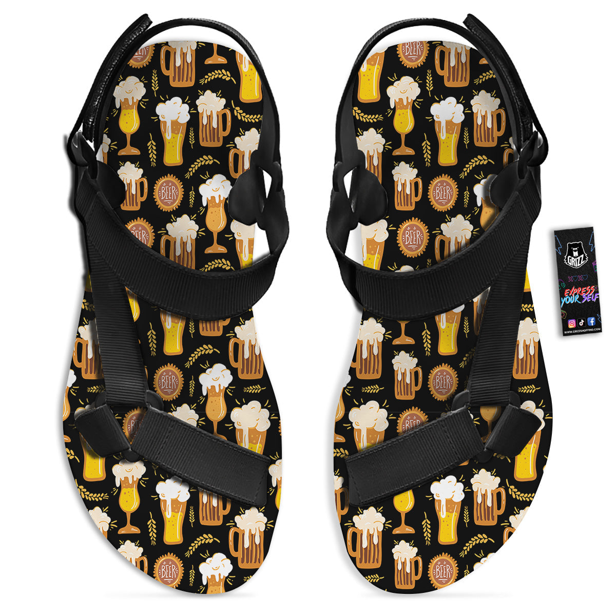 Glasses Of Beer Vintage Print Pattern Black Open Toe Sandals-grizzshop