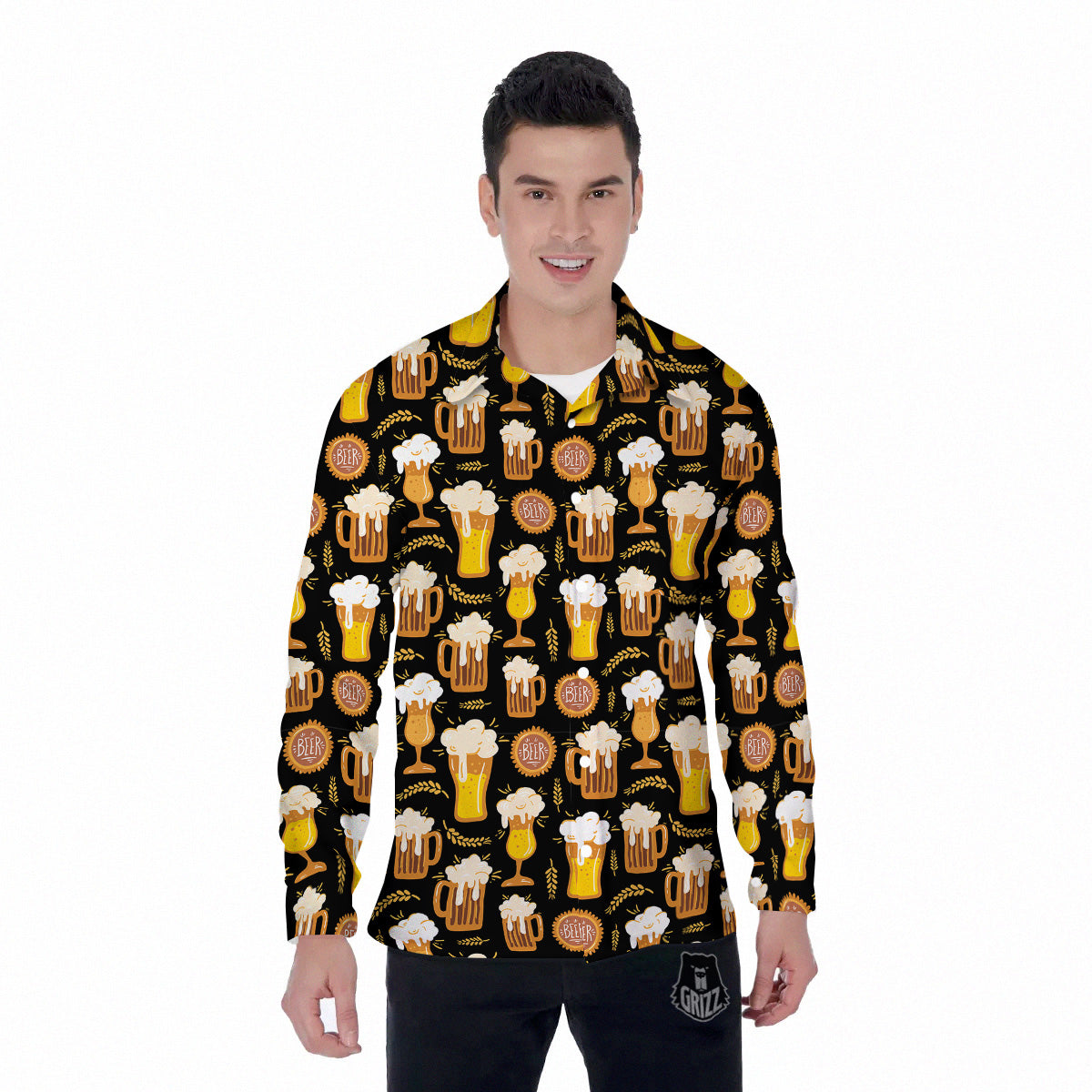Glasses Of Beer Vintage Print Pattern Men's Long Sleeve Shirts-grizzshop
