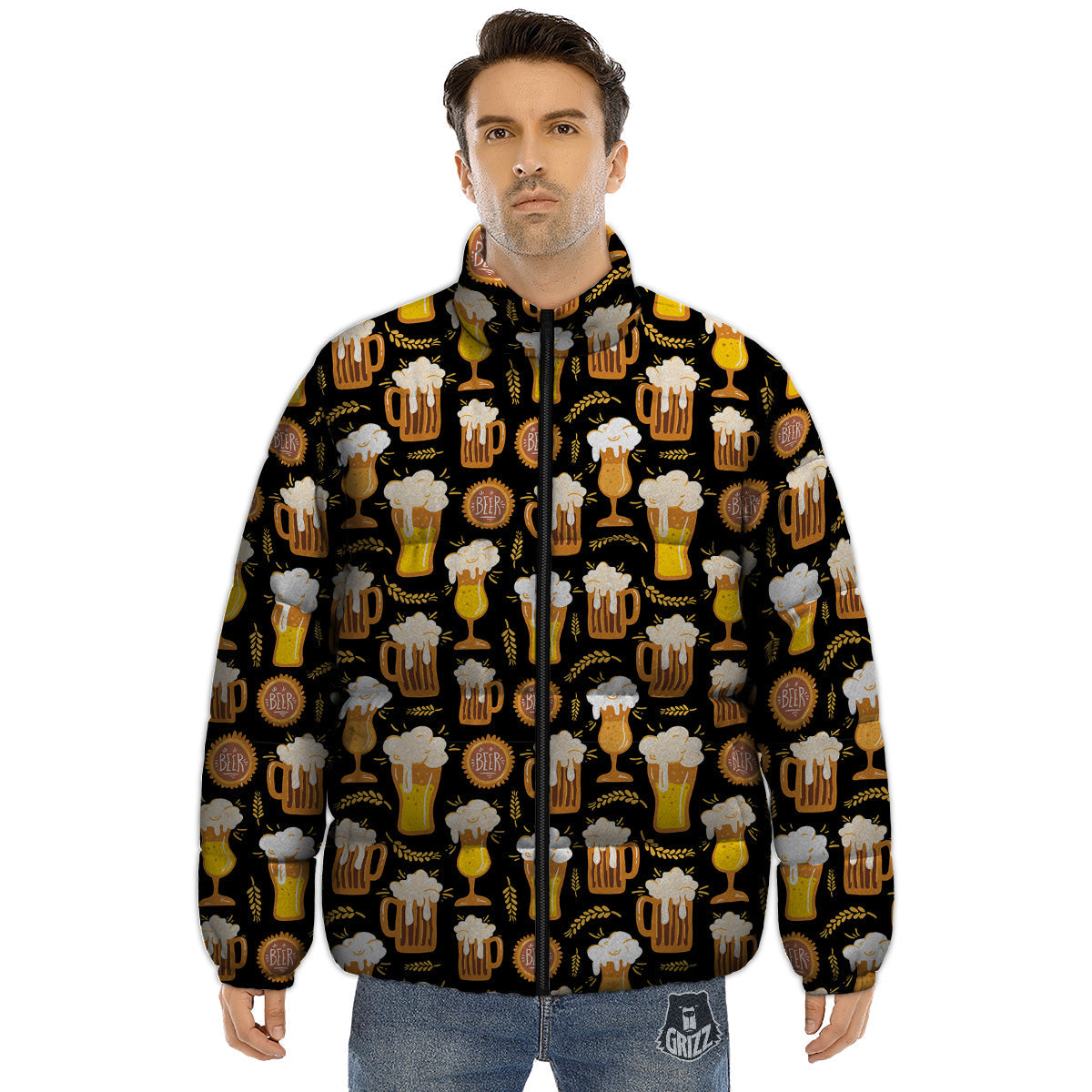 Glasses Of Beer Vintage Print Pattern Puffer Jacket-grizzshop
