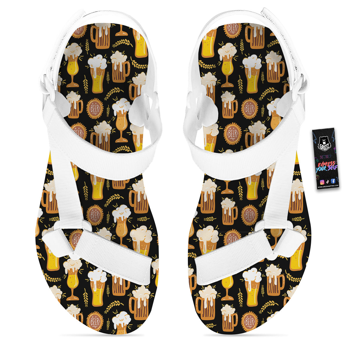 Glasses Of Beer Vintage Print Pattern White Open Toe Sandals-grizzshop