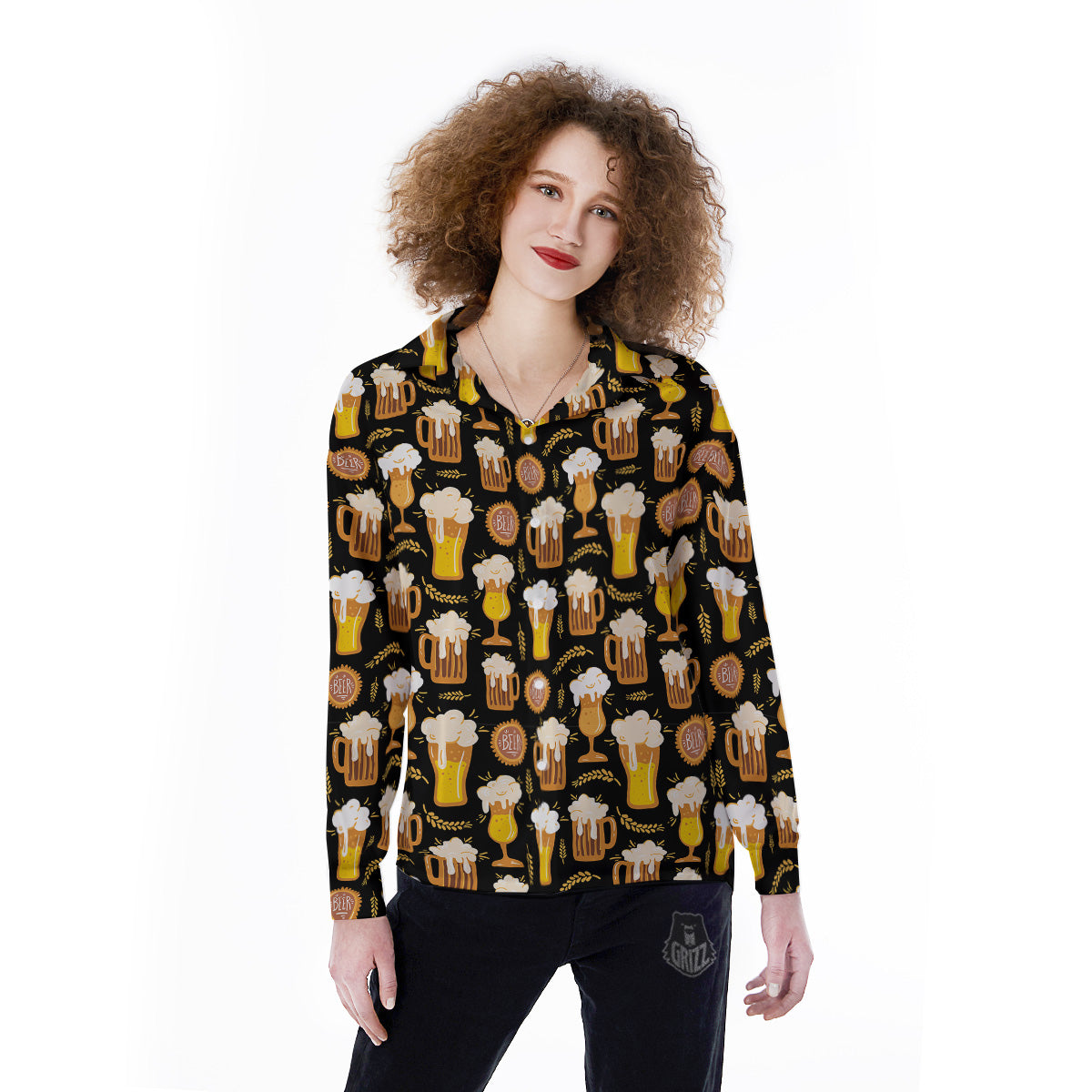 Glasses Of Beer Vintage Print Pattern Women's Long Sleeve Shirts-grizzshop