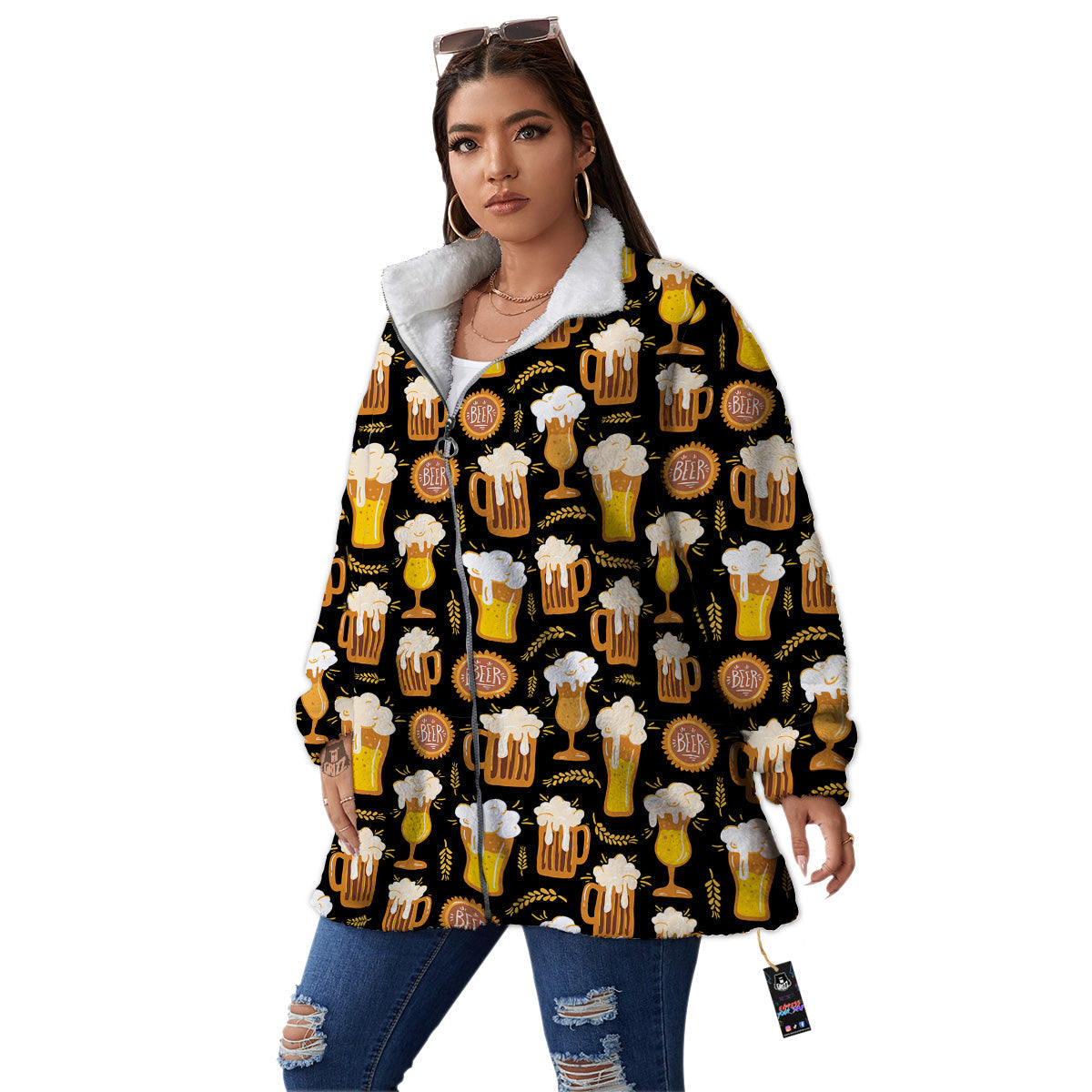 Glasses Of Beer Vintage Print Pattern Women's Sherpa Jacket-grizzshop