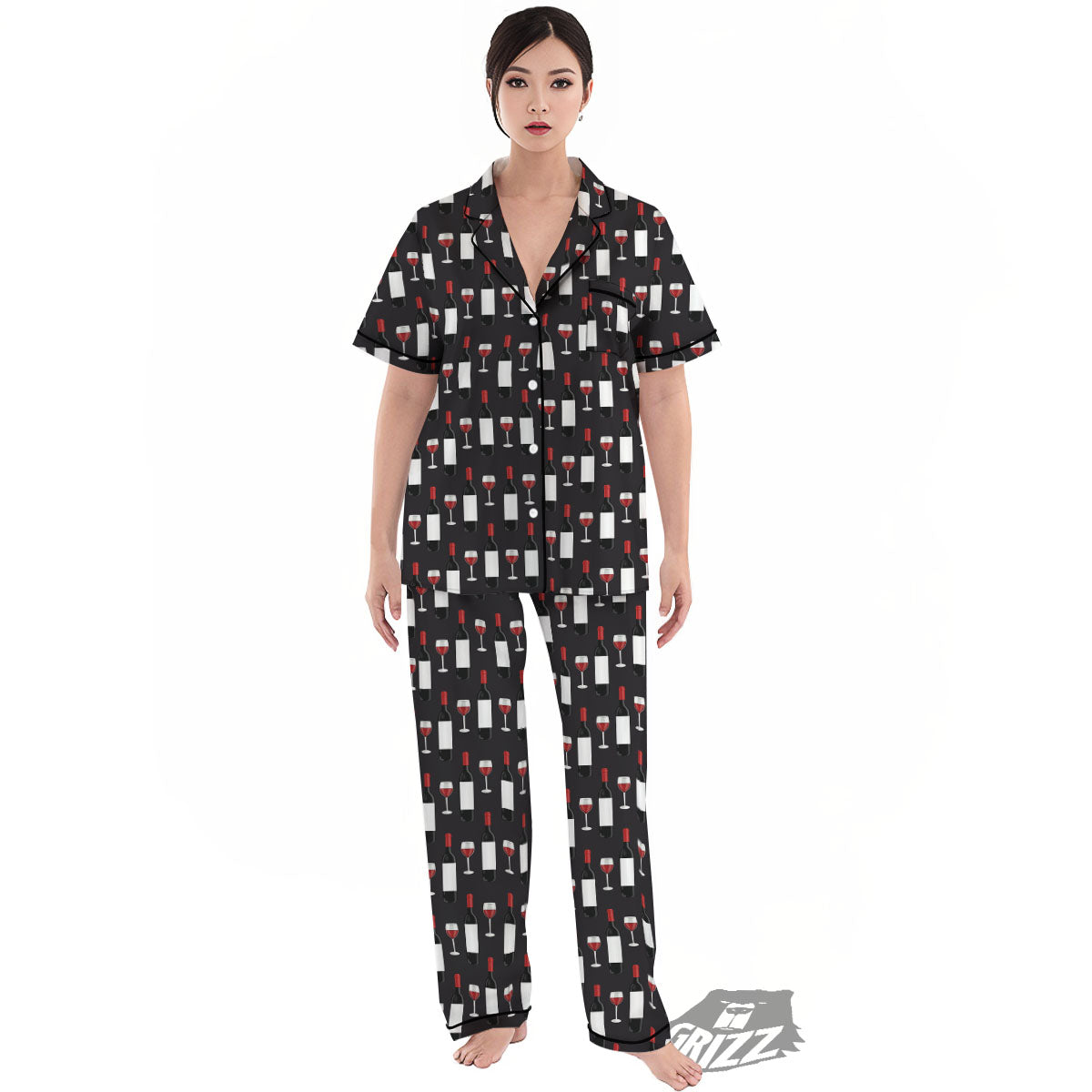 Glasses Of Wine And Bottles Print Pattern Women's Pajamas Set-grizzshop