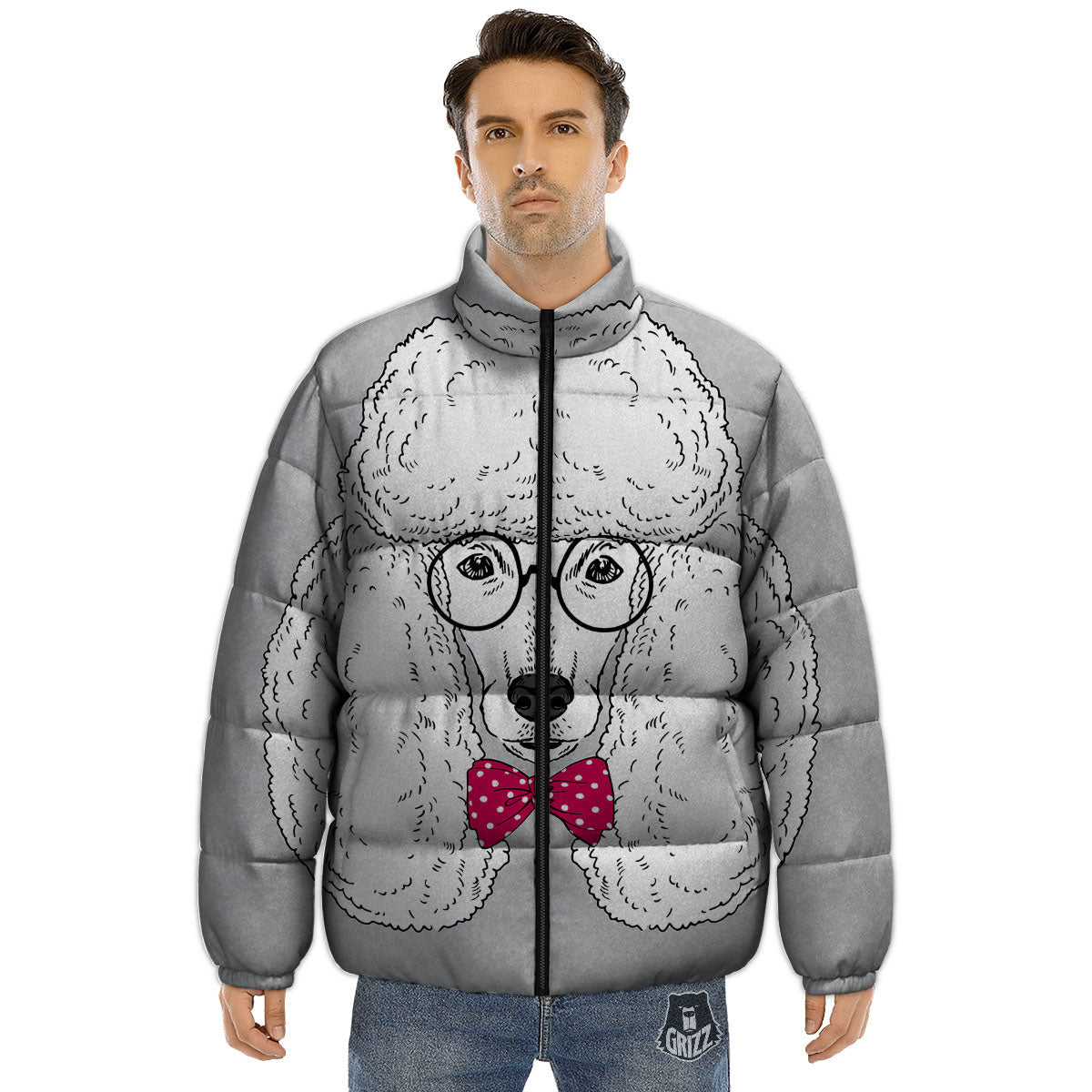 Glasses Poodle Print Puffer Jacket-grizzshop