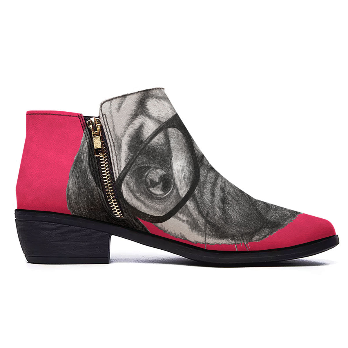 Glasses Pug Portrait Print Ankle Boots-grizzshop