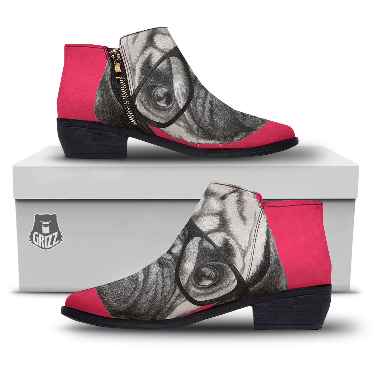 Glasses Pug Portrait Print Ankle Boots-grizzshop