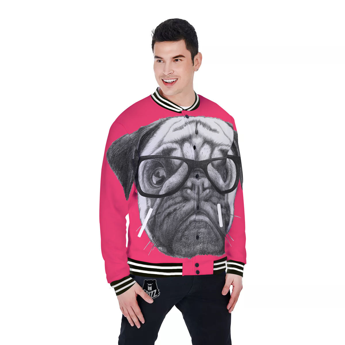 Glasses Pug Portrait Print Baseball Jacket-grizzshop