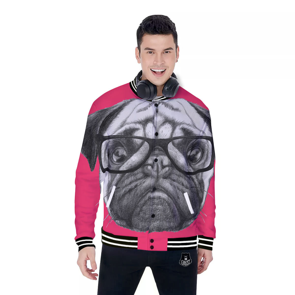 Glasses Pug Portrait Print Baseball Jacket-grizzshop
