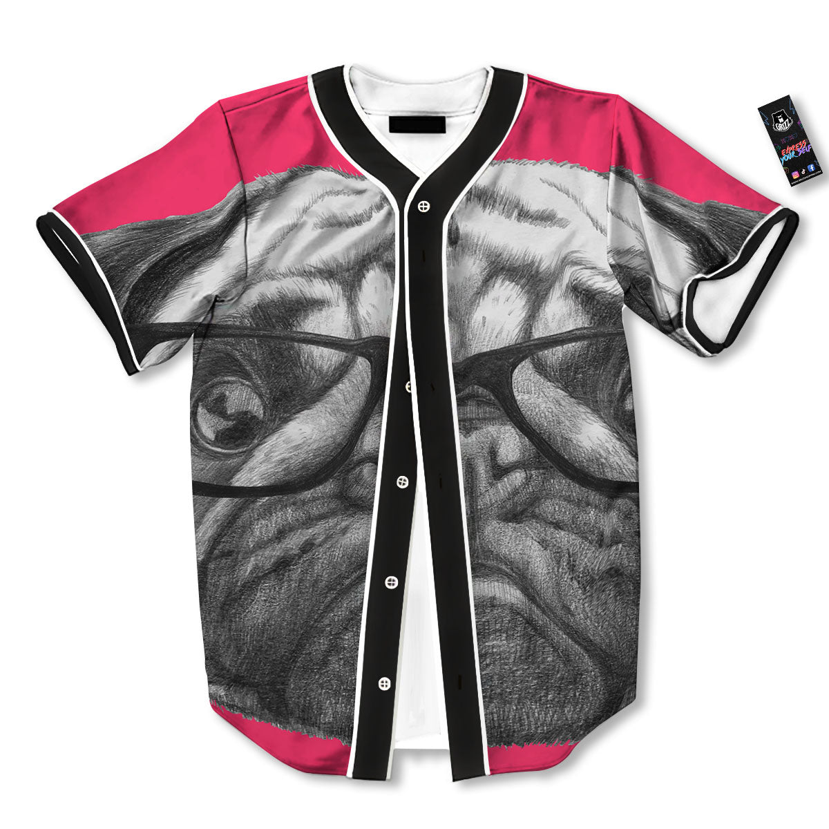 Glasses Pug Portrait Print Baseball Jersey-grizzshop