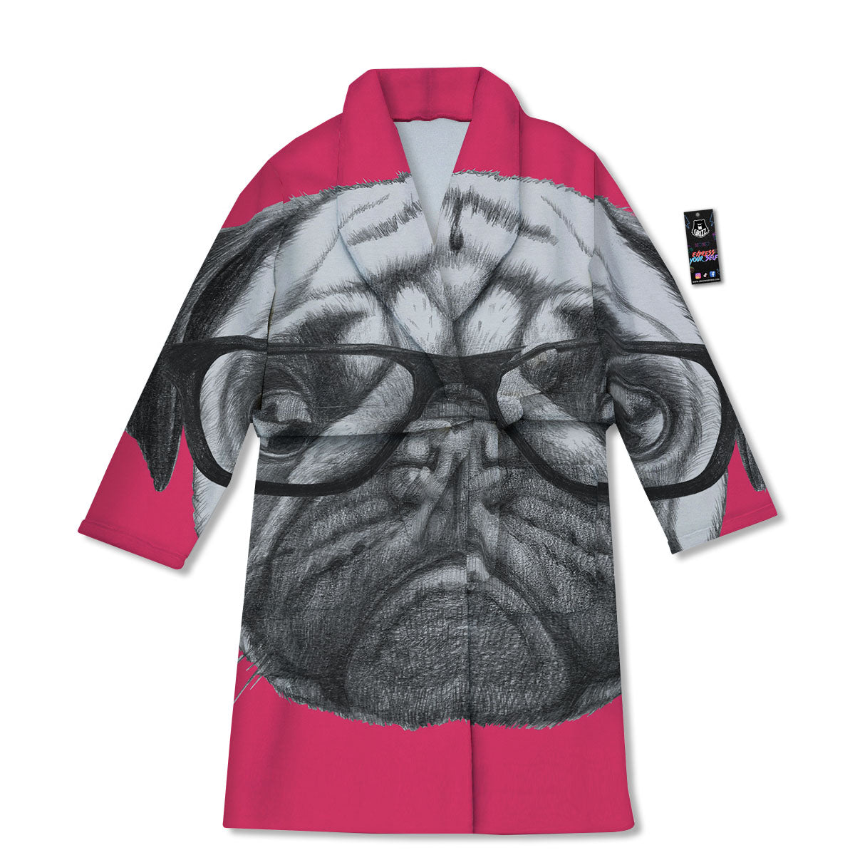 Glasses Pug Portrait Print Bathrobe-grizzshop